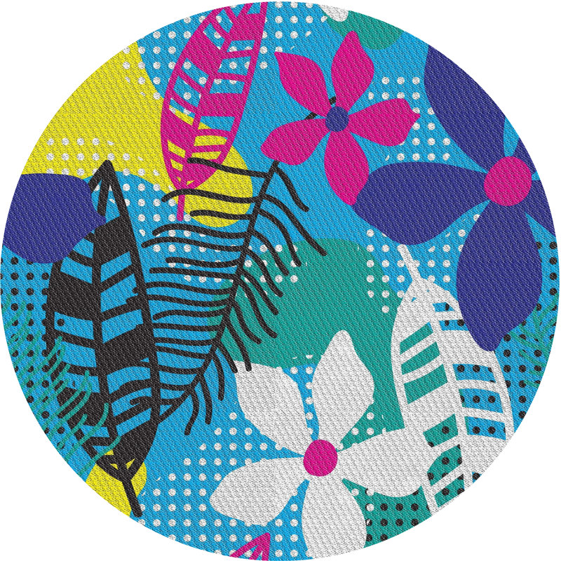 Tapis rose/bleu/jaune à motif, Rond 5 pi