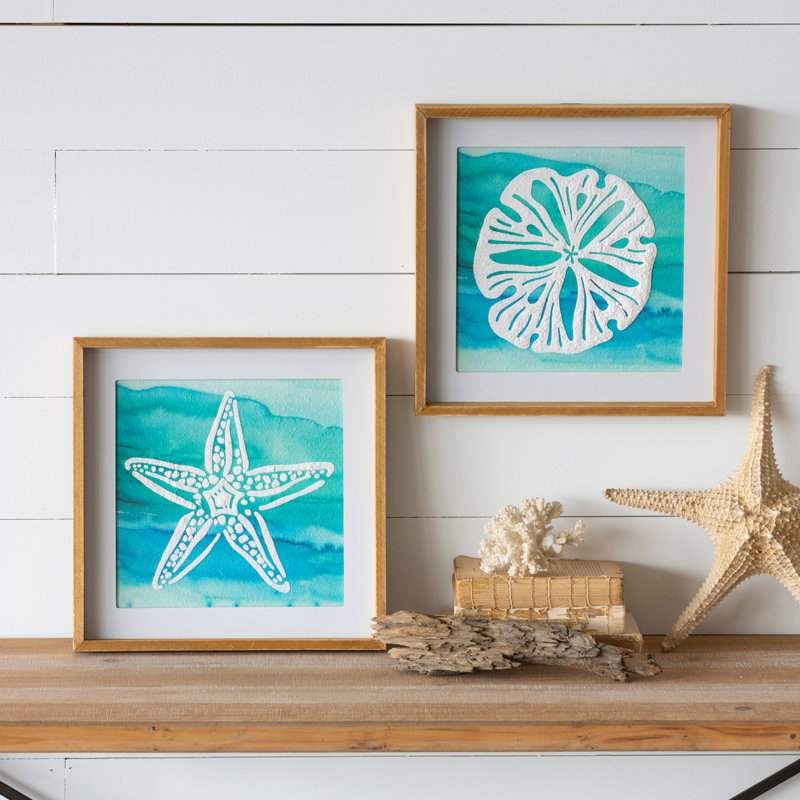 «Sand Dollar and Star Fish», art mural en bois, collection de 2 pièces