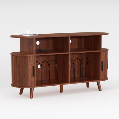 Record Player Stand with Storage and Charging Station, Large Round Vinyl Record Cabinet, Mid-Century Modern Turntable Stand with USB Ports & Power Outlets for Living Room, Bedroom