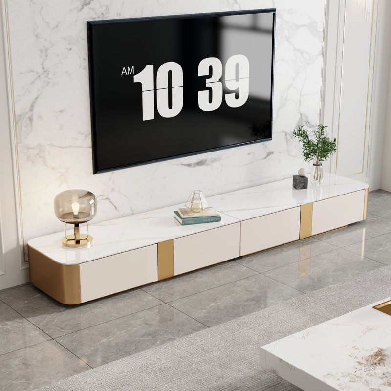 Meuble télé 94,49 po, meuble télé de comptoir en pierre frittée brillante, 6 tiroirs (aucun assemblage requis), 94.49"