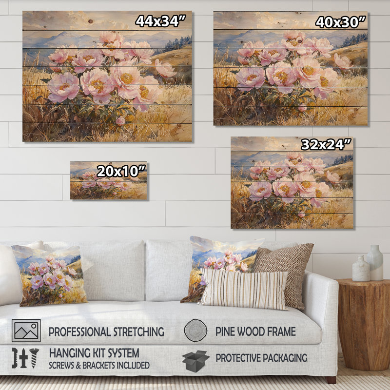 Mountain Meadow Peonies II - Peonies Wood Wall Decor - On Natural Pine Wood, 34" H x 44" W x 0.78" D
