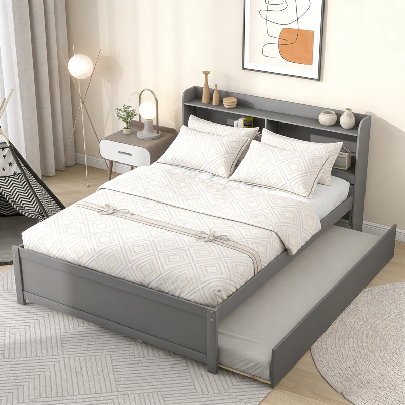 Full Size Bed With Trundle & Bookcase Headboard, Espresso, Gray