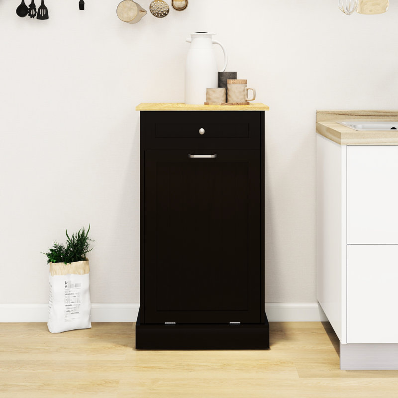Armoire poubelle de cuisine enduite à un tiroir et noire, peut être intégrée à un îlot, prédécoupée pour l'assemblage, s'incline, résiste à l'humidité, dissimule et maintient la zone propre