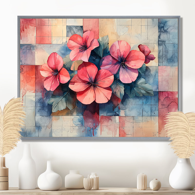 Art moderne symphonique géranium chaotique - géraniums, art mural, H 24 po x l 32 po, Cadre flottant, Argent argent