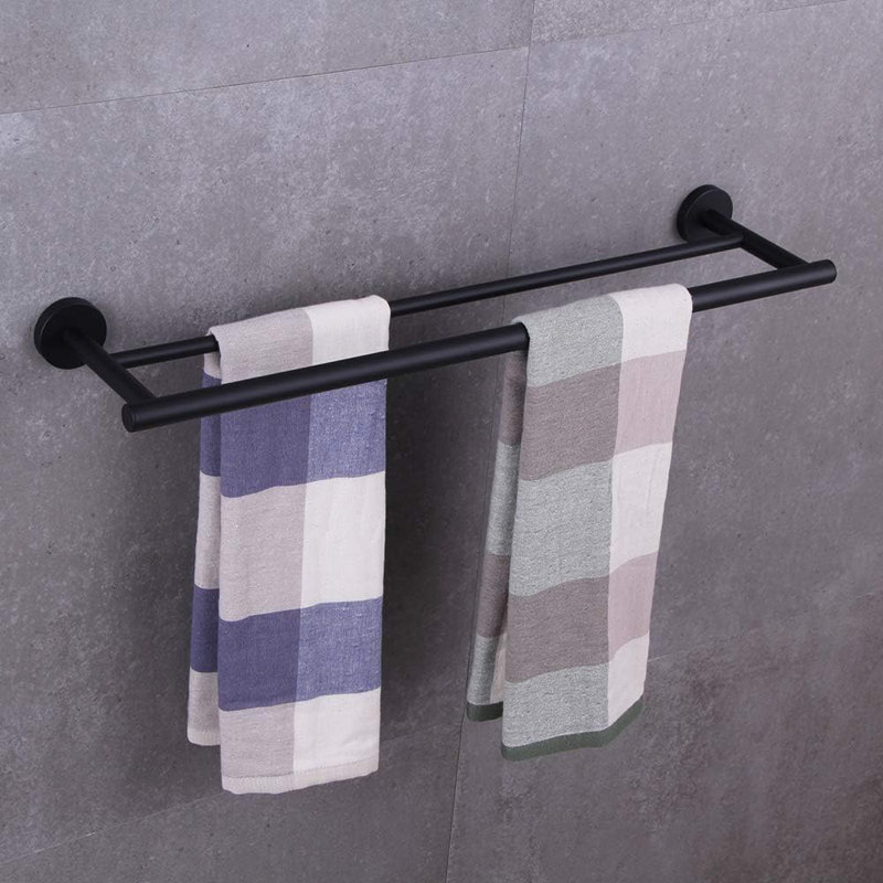 Porte-serviettes double en acier inoxydable noir de 24 po pour la salle de bain, conception à vis dissimulées modernes