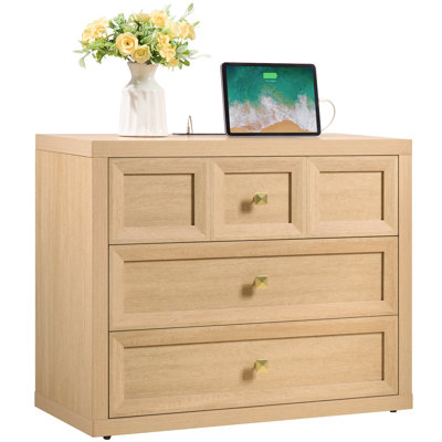 Table de chevet Aastha 78 cm (30,7 po) avec 3 tiroirs et station de recharge, monobloc, chêne naturel