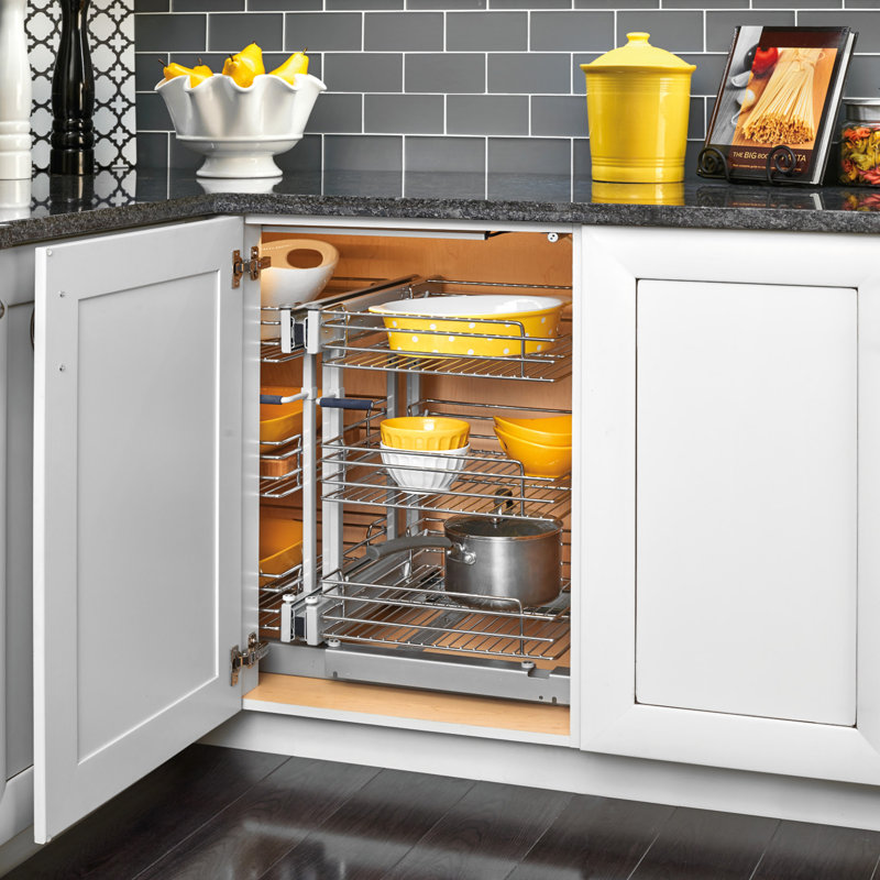 Rev-A-Shelf Steel Three-Tier Pullout Organizer with Soft-Close for Full-Height Blind Corner Kitchen Cabinets , 15" W 