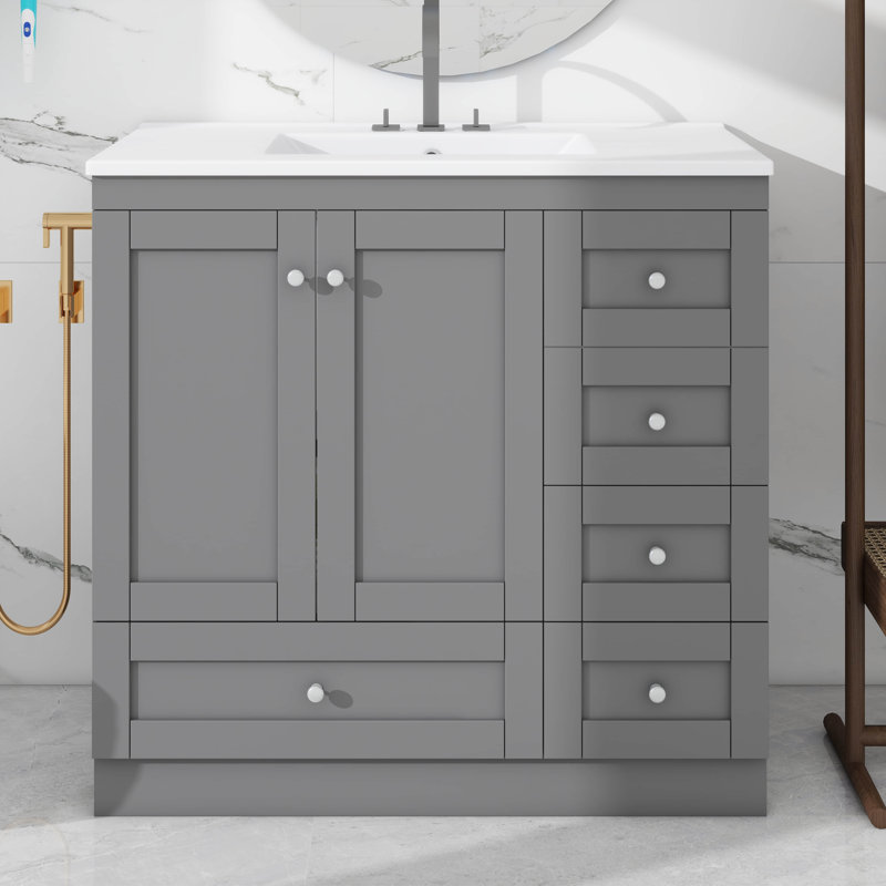 Meuble-lavabo 36 po avec lavabo en céramique et armoire de rangement à tiroir, Gris