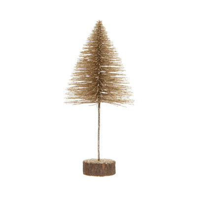 Plastic Bottle Brush Tree With Glitter And Wood Slice Base