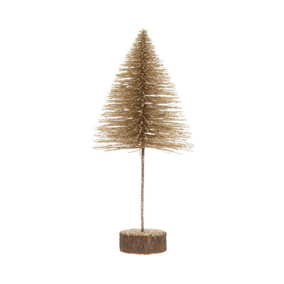 Sapin en bouteille de plastique avec paillettes et base en rondelles de bois