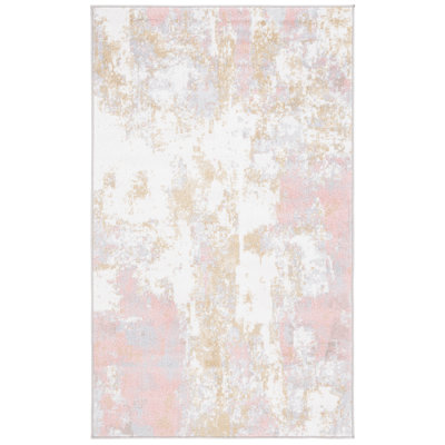 Tapis en polyester tissé à plat à la main à motif abstrait en ivoire / gris / rose Braidy