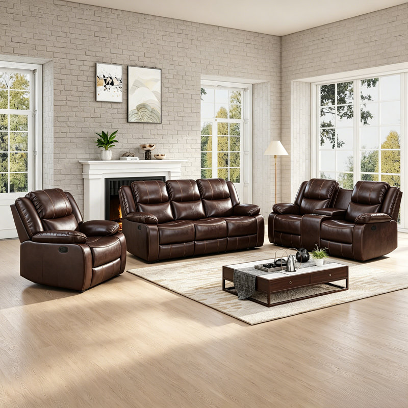 Kamarli Leather Manual Reclining Living Room Set, Brown