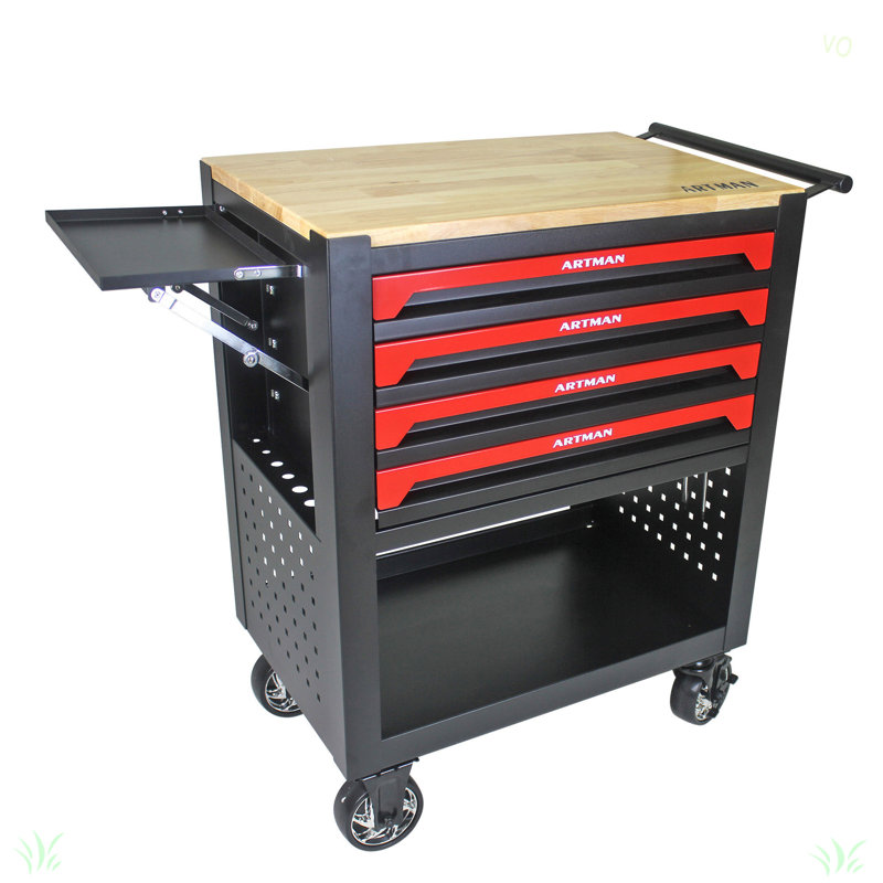 Chariot à outils multifonctionnel 4 tiroirs avec plateau en bois