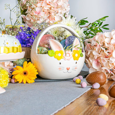 Nicola Spring - Yellow Flower Bunny Basket - 16.5cm - White
