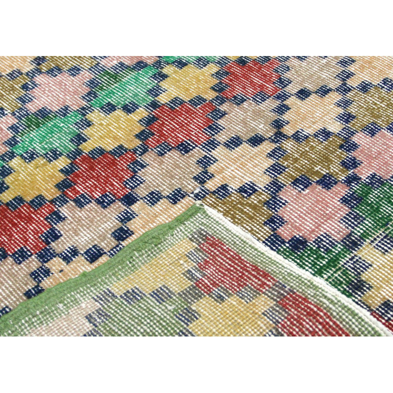 Tapis unique en laine noué à la main de style années 1960 de 4 pi 11 po x 8 pi vert / rouge / brun