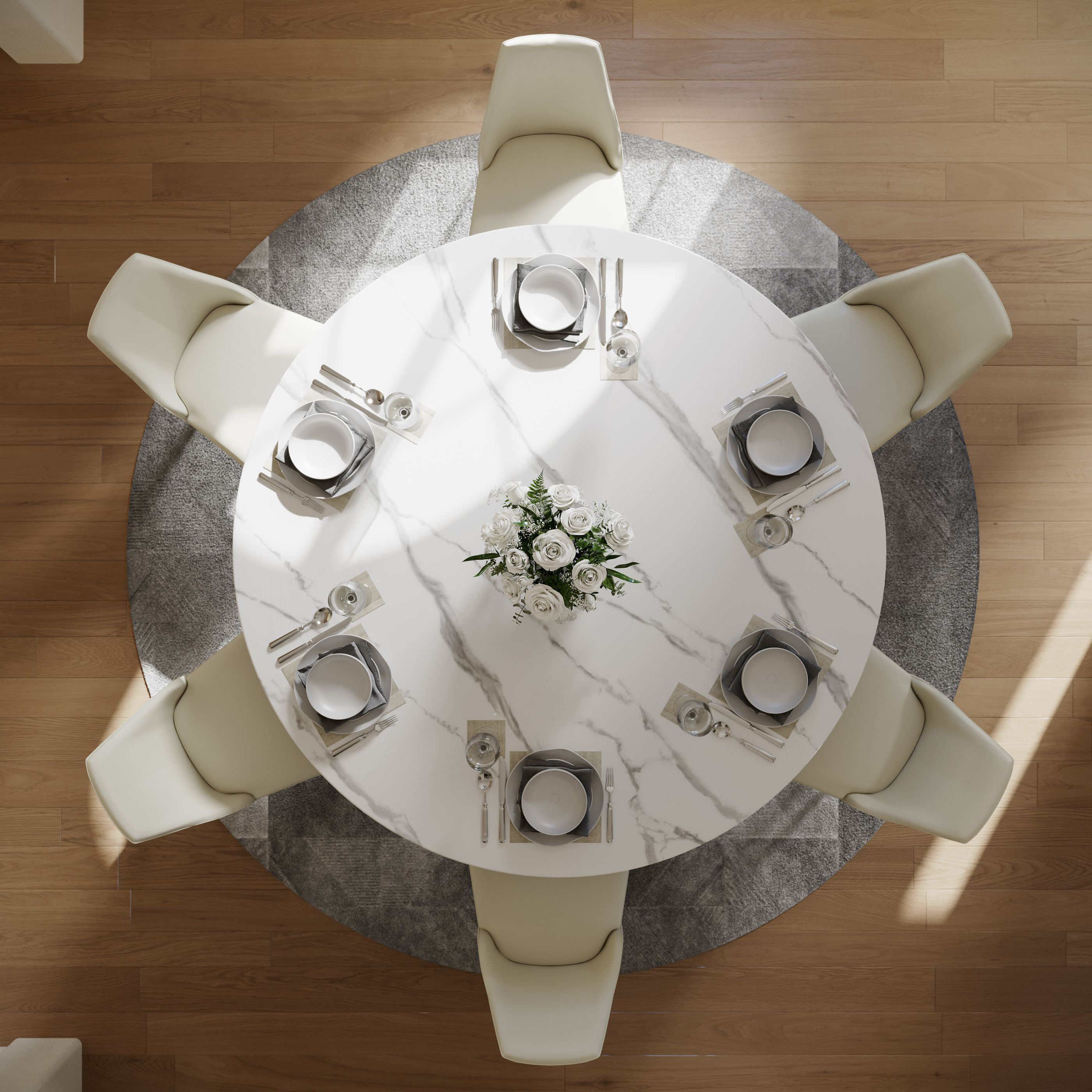 Orren Ellis Huriel Round Marble, Modern Glossy White Dining Table with