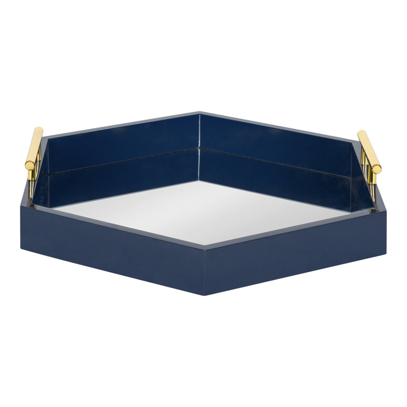 Plateau décoratif hexagonal avec poignées en métal Norvan, Bleu marine / or