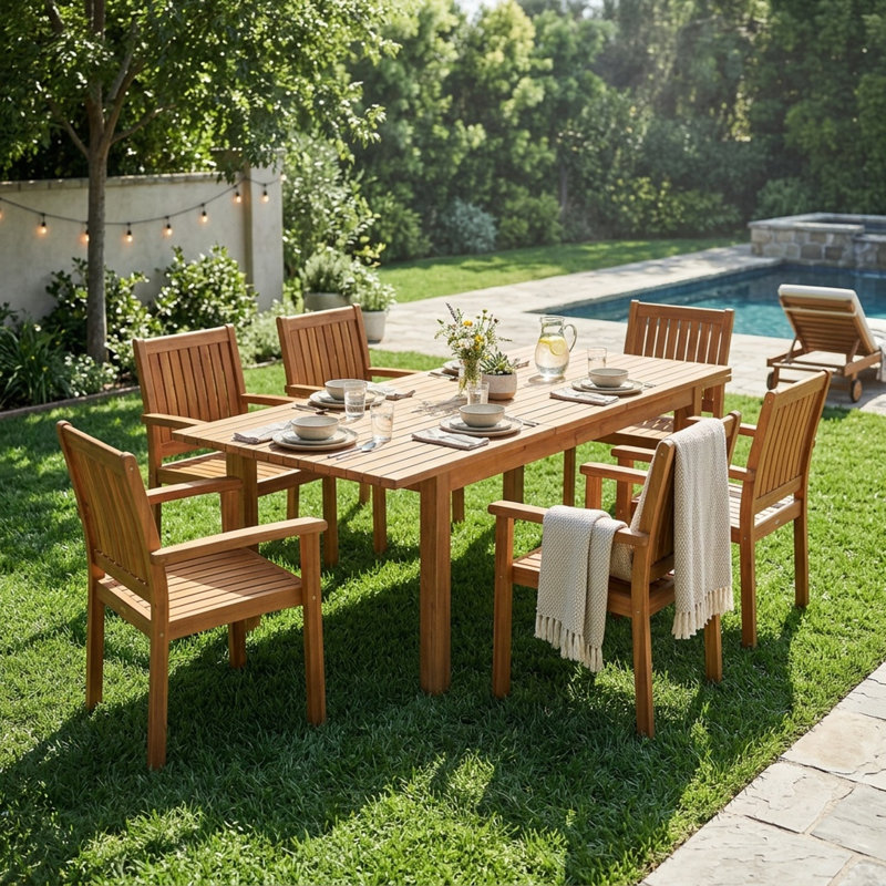 Ensemble de salle à manger 7 pièces en bois d'acacia avec 6 chaises et 1 grande table, parfait pour la pelouse, la cour, la terrasse du jardin et le bord de la piscine