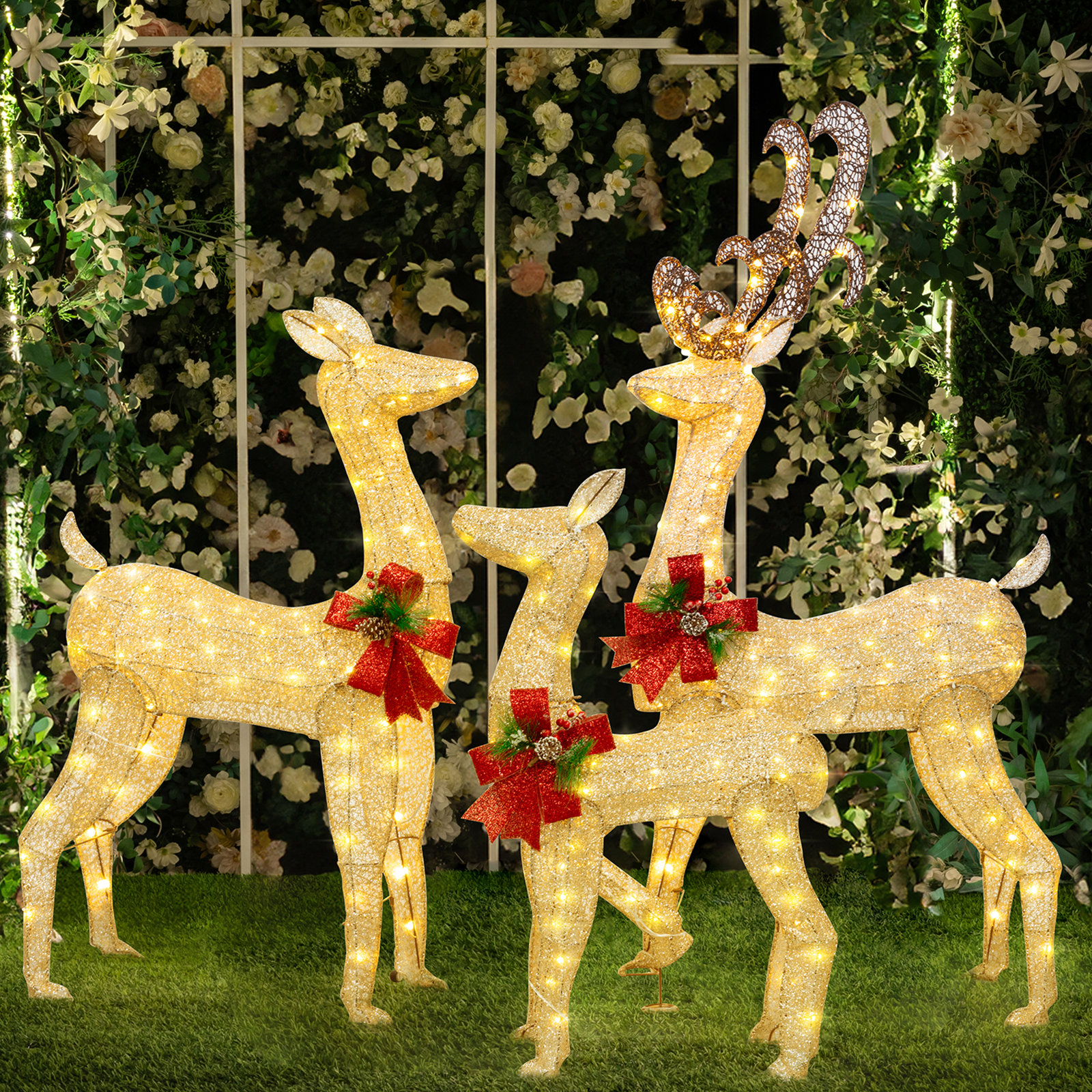 Christmas Deer Lighted Display 3 Piece Set, Gold