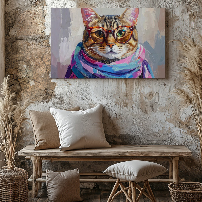 Chat tigré à la mode à la mode félin avec lunettes et écharpe, H 30 po x l 30 po