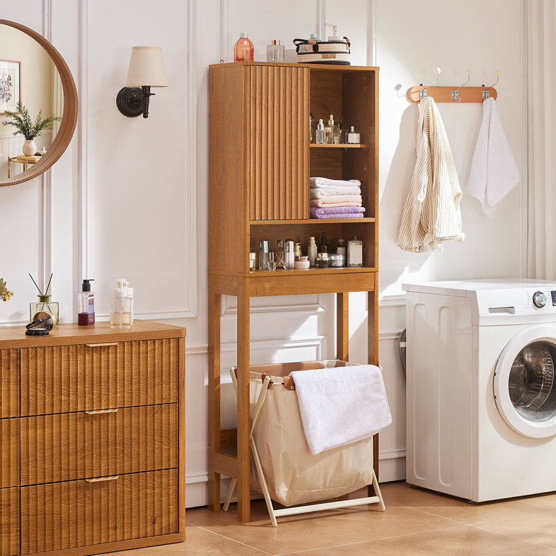 Fluted Over The Toilet Storage Cabinet, Farmhouse Over Toilet Bathroom Organizer With Sliding Door, 68" Tall Freestanding Washer Shelf With Adjustable Shelf & Curved Profile