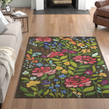 Tapis brun / vert en laine crocheté à la main Brooklington