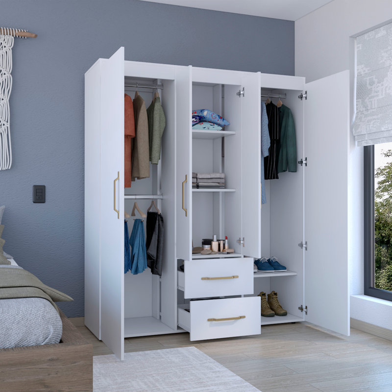 Armoire Bariloche, rangement multi-sections avec tringles de suspension, tablettes et 2 tiroirs