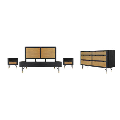 Aldford 4 Piece Bedroom Set In Black Acacia Wood And Rattan