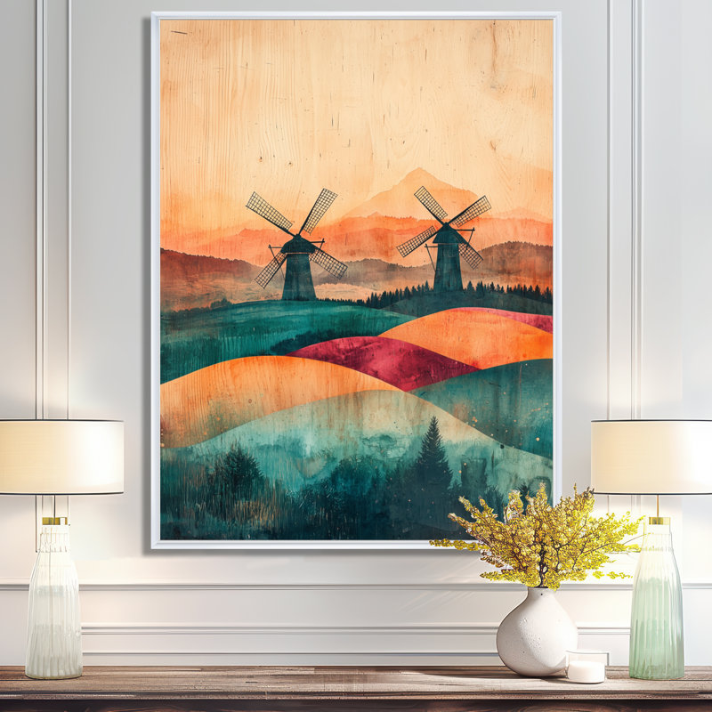 Dristi Windmills Into A Summer Field Landscape III - Windmills, art mural, H 44 po x l 34 po, Blanc