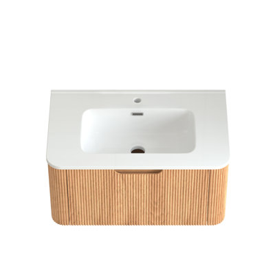 Meuble-lavabo mural de 76 cm (30 po) en noyer rayé avec lavabo en céramique blanche, style moderne du milieu du siècle.