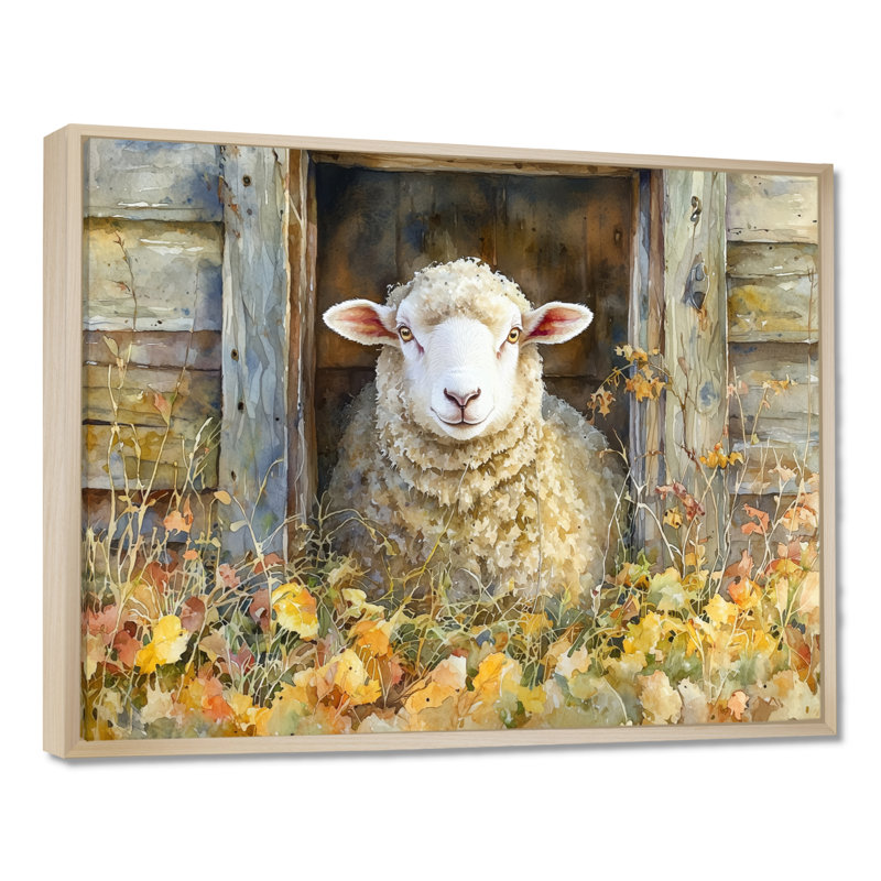 Dulinsky Sheep Floral Portrait At The Barn - Sheep Large, art mural, H 30 po x l 40 po, Impression encadrée flottante