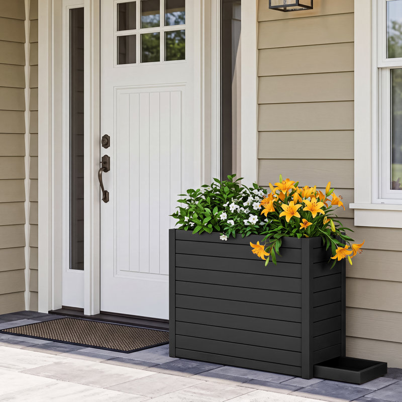 Outdoor All-Weather Long Box Planter With Removable Drip Tray, Black, Yes