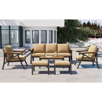Ensemble de 6 meubles de patio extérieur, ensemble de canapé à structure en acier avec canapé 3 places, 2 fauteuils, 2 repose-pieds et table basse en bois d'acacia, sièges rembourrés pour la cour, le jardin, le bord de la piscine, coussin brun