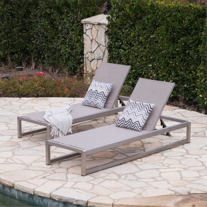 Outdoor Chaise Lounge Set Of 2 With Adjustable Aluminum Frame And PVC-coated polyester Mesh Seating In Grey, Gray