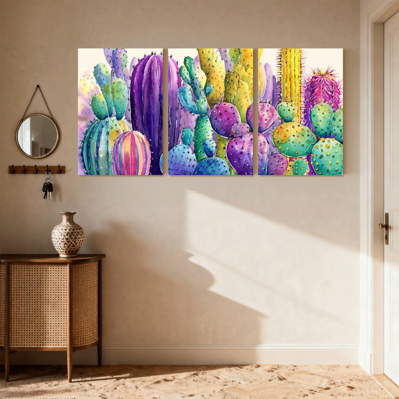 Plantes et fleurs, cactus coloré, ensemble de 3 impressions sur toile, H 18 po x l 36 po