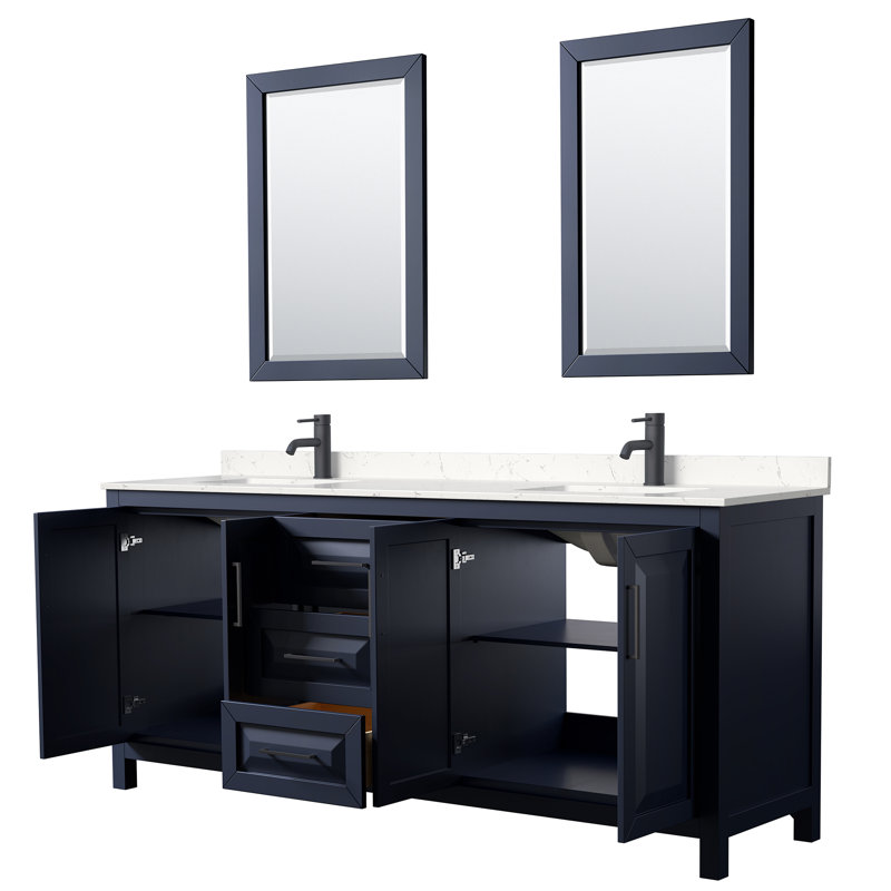 Ensemble de meuble-lavabo double 80 "avec miroir Daria, Bleu foncé, Marbre de culture de Carrare, Noir mat