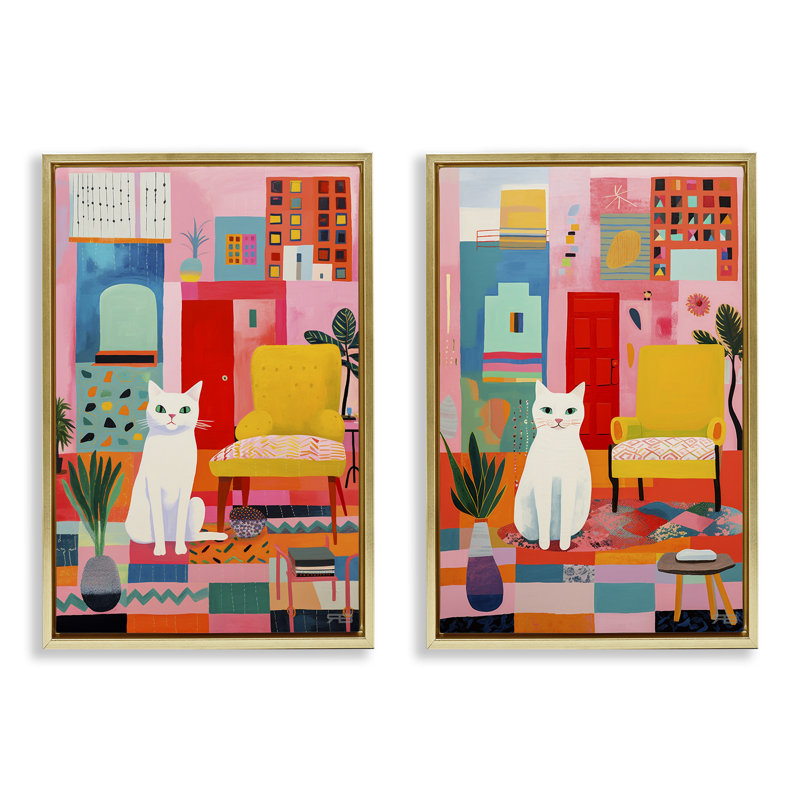 «Bright Room Sitting Cat», ensemble de 2 toiles flottantes encadrées dorées par Roozbeh Bahramali, H 31 po x l 21 po