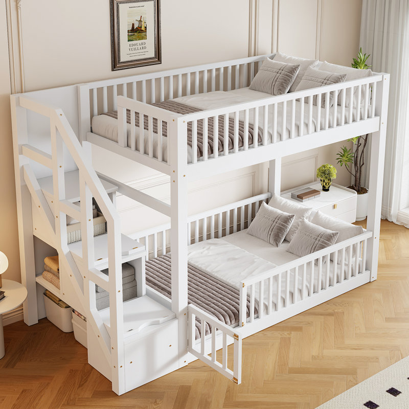 Lit simple superposé simple avec échelle de rangement, lits superposés en bois massif pour enfants, profil bas, blanc, Blanc