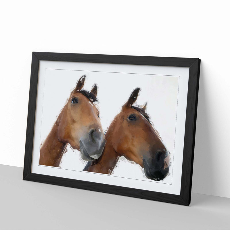 Two Chestnut Brown Horses in Abstract - Picture Frame Painting Print, 48cm H x 65cm W x 2cm D, Black Framed