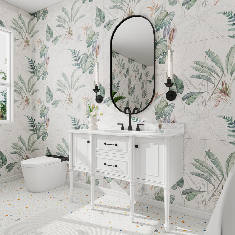 Meuble-lavabo simple 48 po avec dosseret, comptoir intégré, pieds en bois massif de 48 po, Ivoire blanc