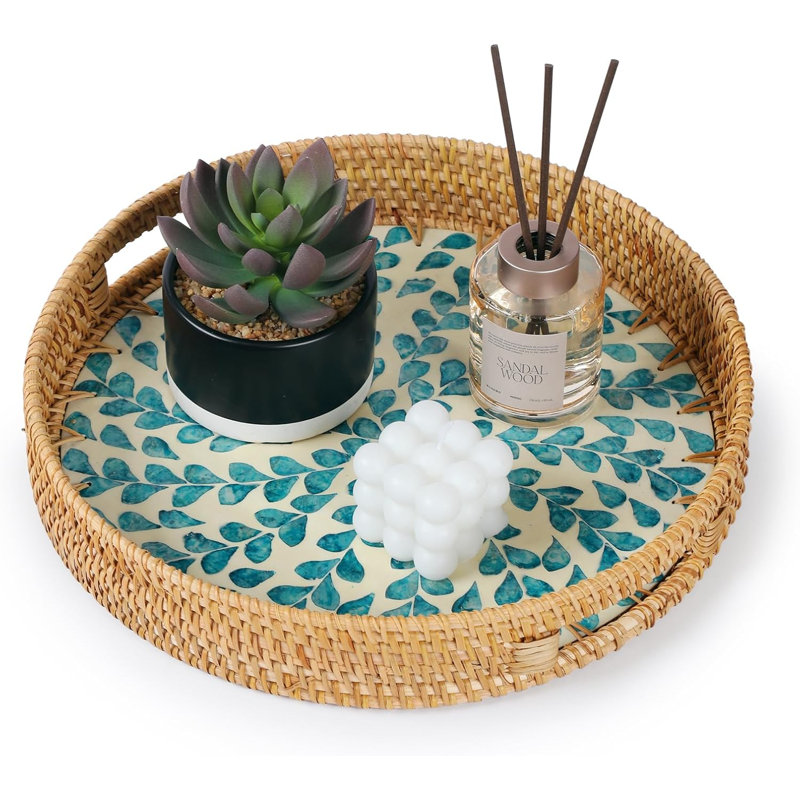  Round Serving Tray with Handle for Home Decor, Blue Clover