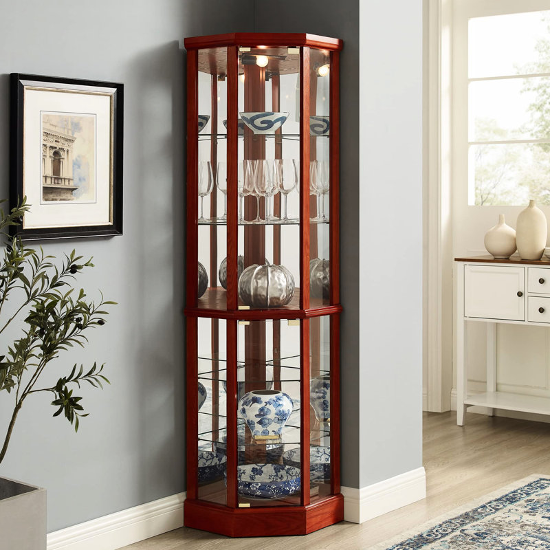 Vitrine à 6 étagères avec fond miroir, étagères en verre réglables, finition cerisier, éclairage et miroir magnifiques