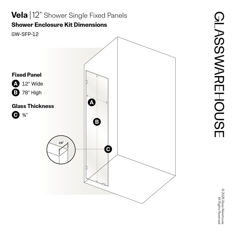 Vela 12 in. x 78 in. Fully Frameless Single Fixed Shower Panel, Satin Brass