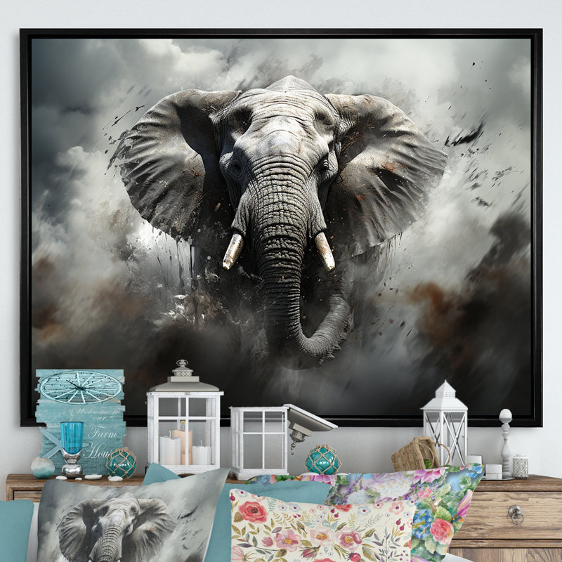 «Elephant Symphony Stampede I» sur toile, H 12 po x l 20 po x P 1 po, Cadre flottant noir