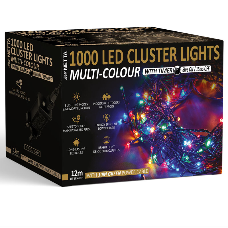 NETTA Cluster Fairy Christmas Lights - 1000 LED / 12M Lit-Length, Multi-Coloured