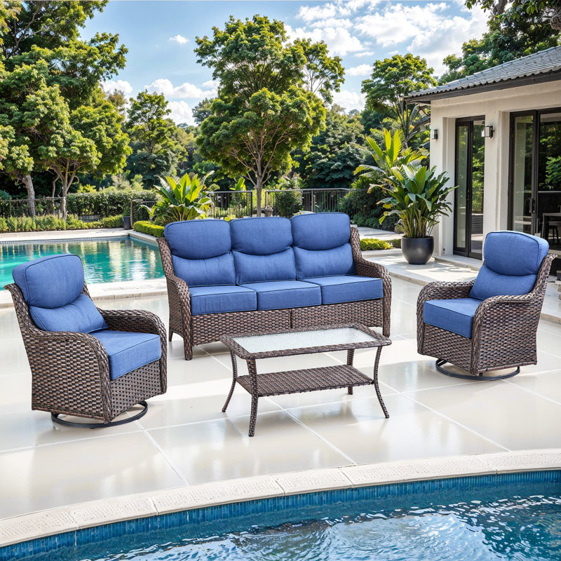  4-Piece Patio Furniture Set With Swivel Glider Chairs, 6-Inch Ultra-Plush Cushions & Water-Resistant Olefin Fabric, Blue