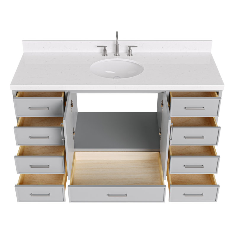 60.25'' Single Bathroom Vanity with Carrara Quartz Top, Brushed Nickel, Gray