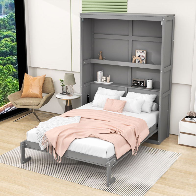 Murphy Bed with Dual Function Storage Cabinet and Comfort Slats, Grey, Full