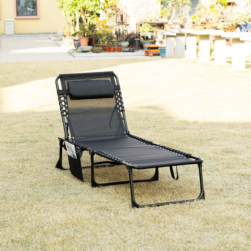 Aidean Portable Reclining Chaise Lounge Chair - 5-Position Adjustable Backrest, Removable Pillow & Side Pocket, Folding Sun Lounger for Patio, Pool, Camping (Supports 264 lbs)