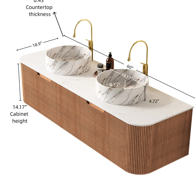Meuble-lavabo mural de 60 po avec 2 lavabos en pierre ronds blancs, tiroirs, couleur naturelle, conception à rayures 3D, contreplaqué, éviers faciles à installer, finition d'armoire, glissières à fermeture en douceur, pré-assemblé